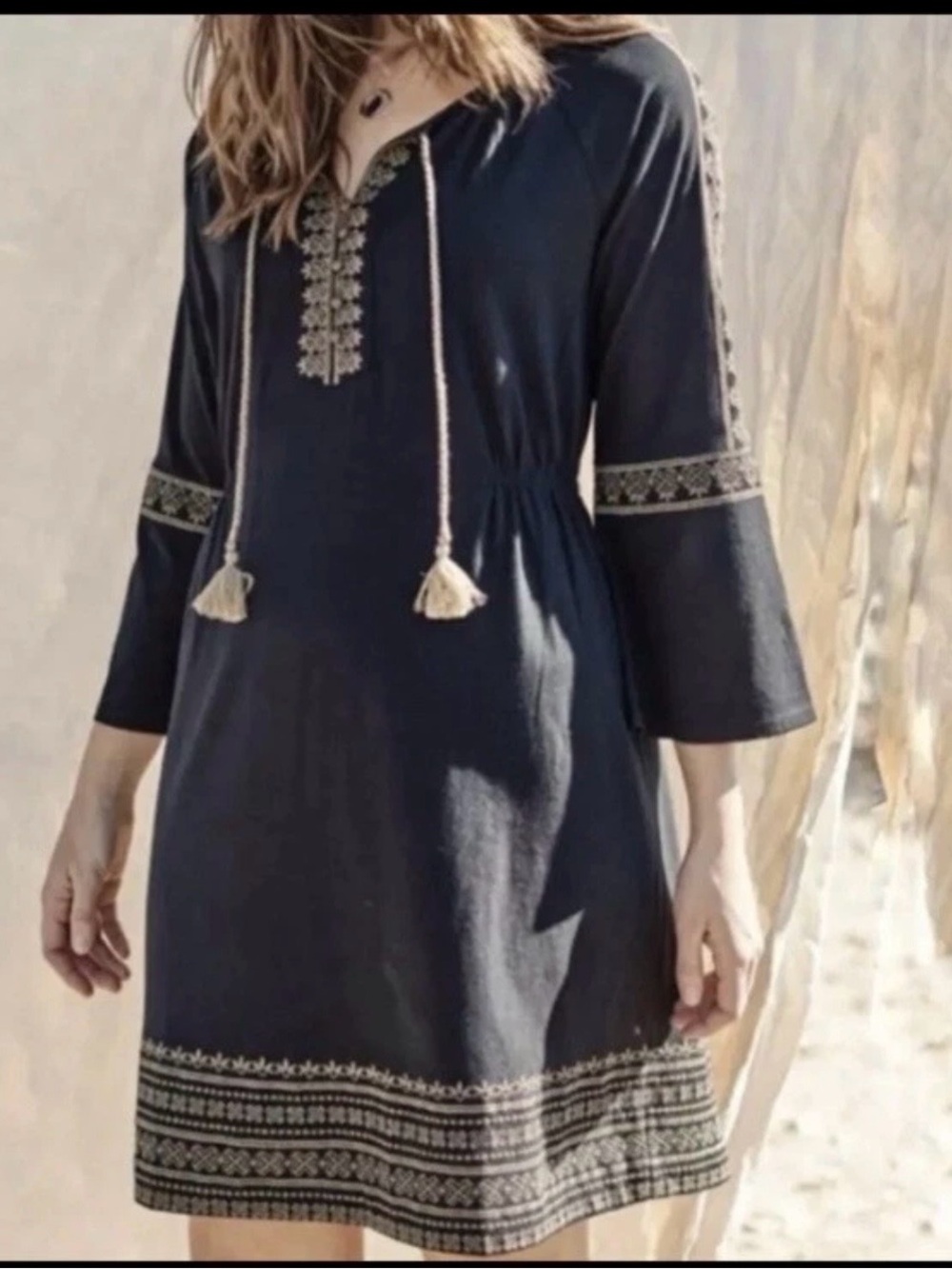 J. Jill Black Embroidered Midi Dress with Tassels